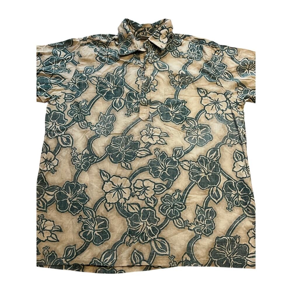 Vintage Go Barefoot Reverse Print Pullover Hawaiian Shirt Mens XL Hibiscus Tan